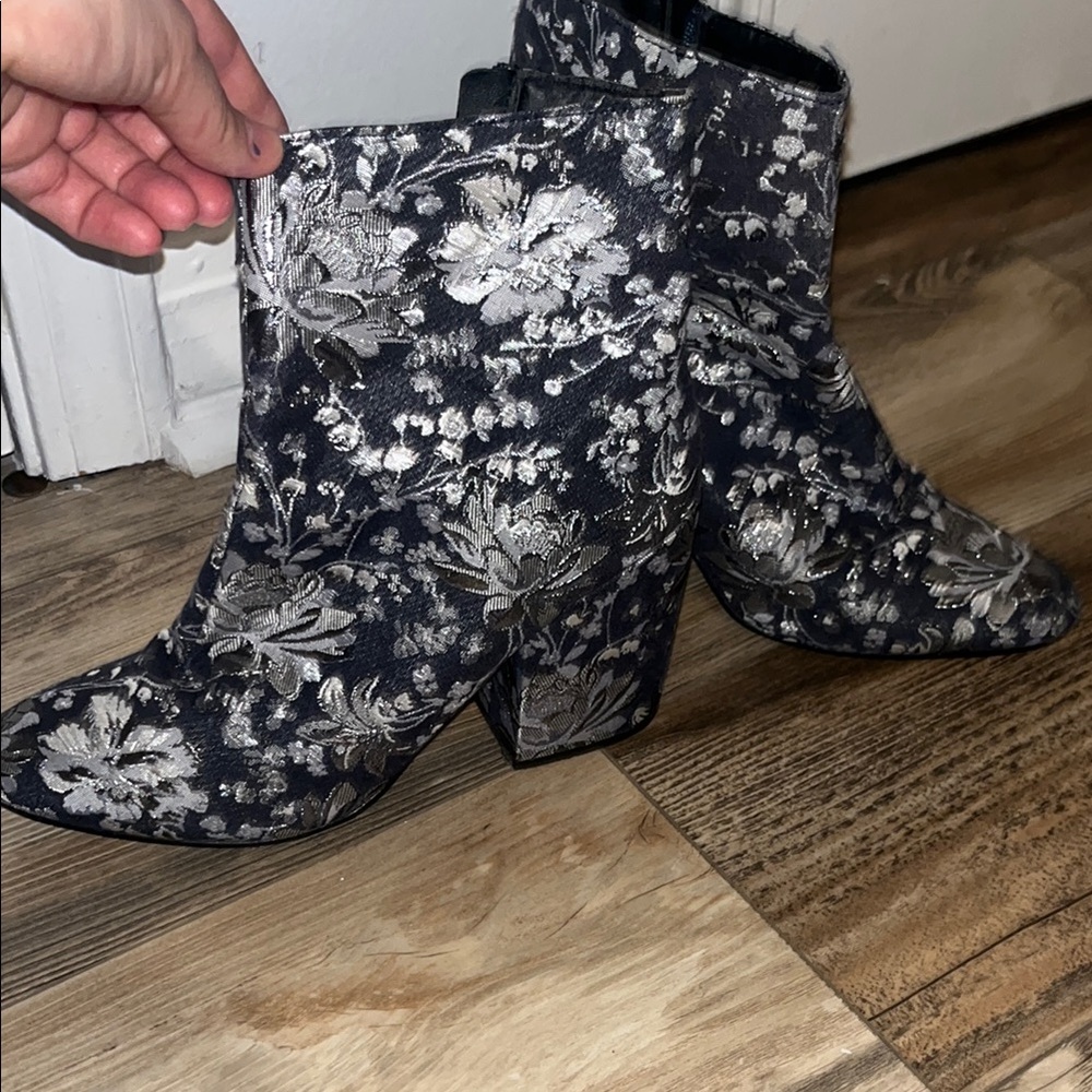 Black and Silver Floral Ankle Boots